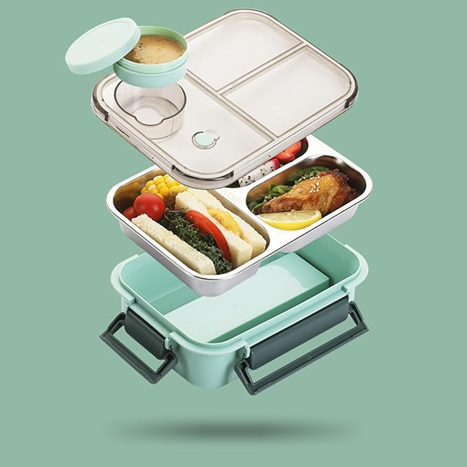 Amyslos Stainless Steel Lunch Box – 3-Compartment Meal Container for Children and Adults – Portion Control, Easy to Clean, Perfect for School, Work, Camping & Travel.