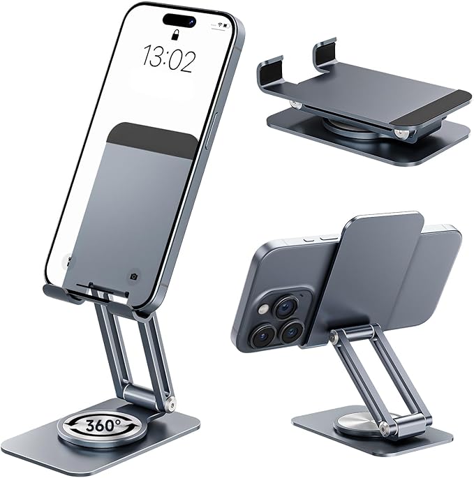 Amyslos™ 360° Adjustable Aluminum Phone & Tablet Stand – Foldable, Non-Slip Desk Holder