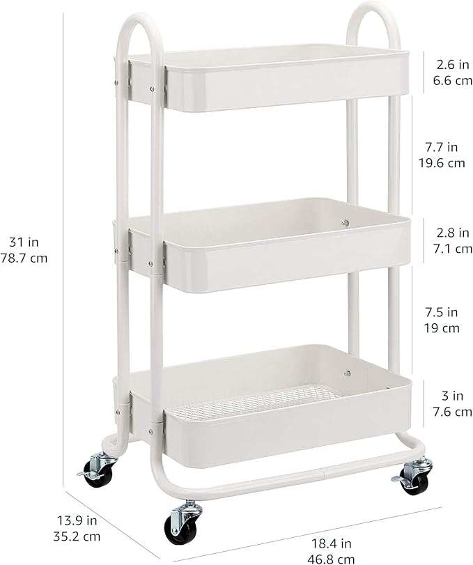Amyslos 3-Tier Rolling Kitchen Cart with Wheels - White Utility Storage Organizer for Pantry, Bathroom, Laundry Room