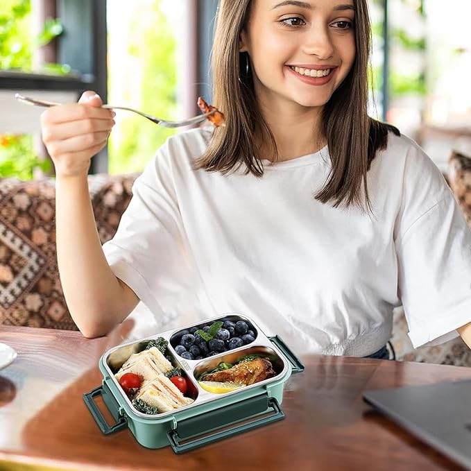 Amyslos Stainless Steel Lunch Box – 3-Compartment Meal Container for Children and Adults – Portion Control, Easy to Clean, Perfect for School, Work, Camping & Travel.