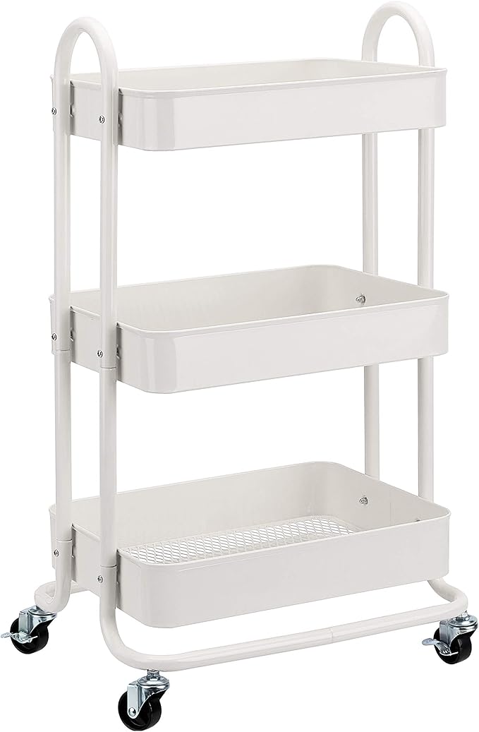 Amyslos 3-Tier Rolling Kitchen Cart with Wheels - White Utility Storage Organizer for Pantry, Bathroom, Laundry Room