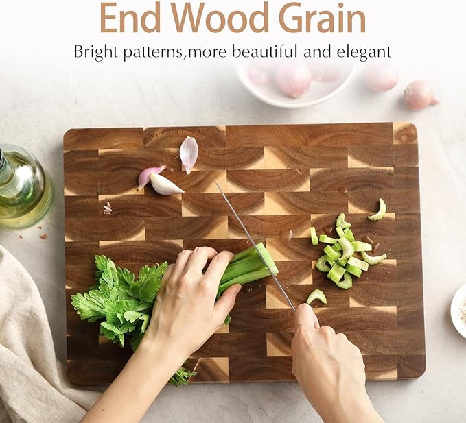 Amyslos Acacia End Grain Cutting Board – Butcher Block with Handles & Non-Slip Feet