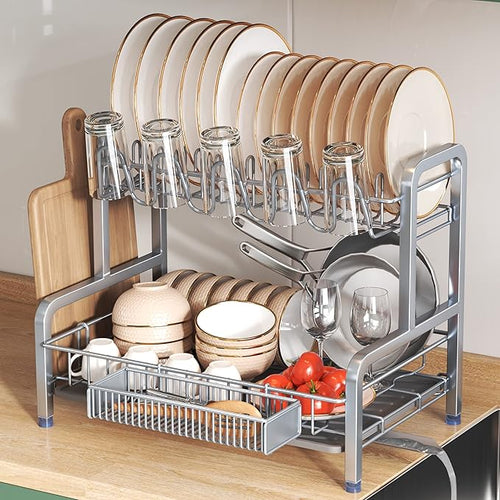 Amyslos 2-Tier Stainless Steel Dish Drying Rack – Over-Sink Organizer with Cup & Utensil Holde