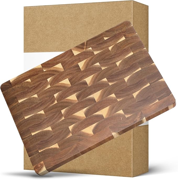 Amyslos Acacia End Grain Cutting Board – Butcher Block with Handles & Non-Slip Feet