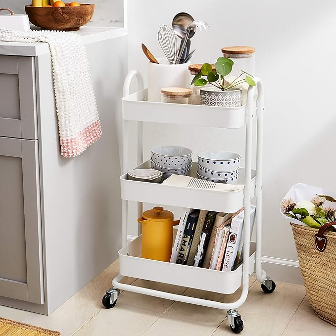 Amyslos 3-Tier Rolling Kitchen Cart with Wheels - White Utility Storage Organizer for Pantry, Bathroom, Laundry Room