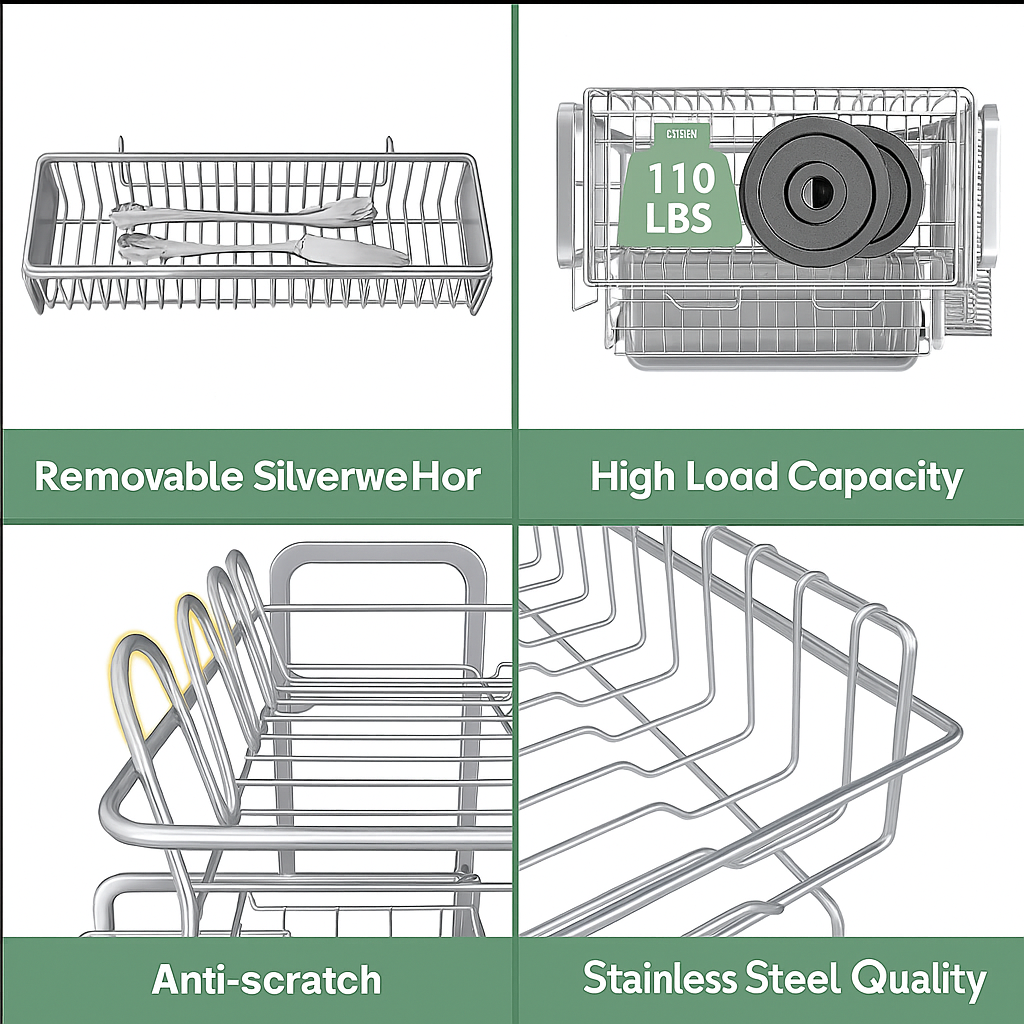 Amyslos 2-Tier Stainless Steel Dish Drying Rack – Over-Sink Organizer with Cup & Utensil Holde