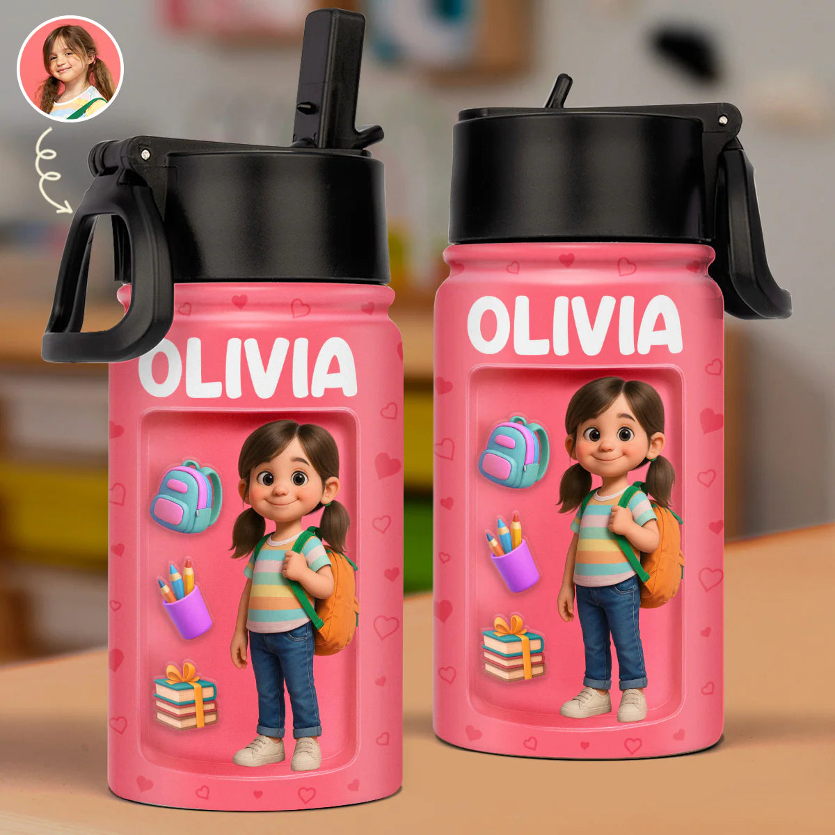 Amyslos Custom Kids Water Bottle – Personalized 3D Photo Print, Back-to-School Gift for Children, Unique & Fun Hydration